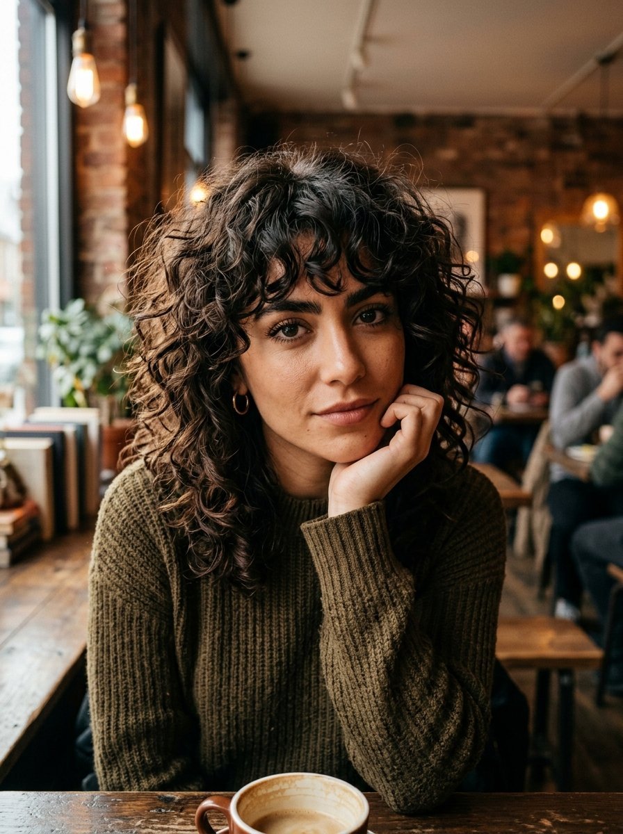 Close up portrait of a young woman with dark curly hair sitting in a cafe with a cup of coffee.