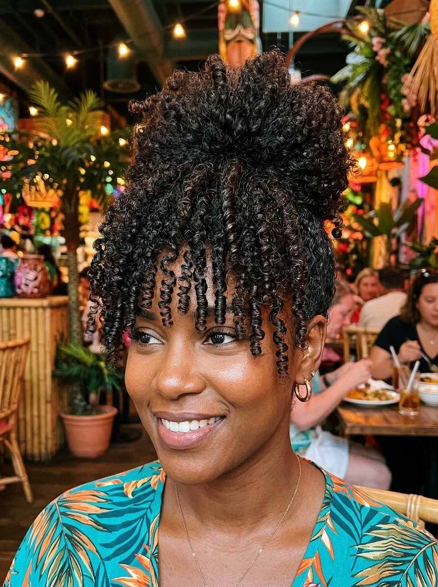 Portrait of a Black woman with defined curls in a high bun and bangs at a tropical themed dining venue.
