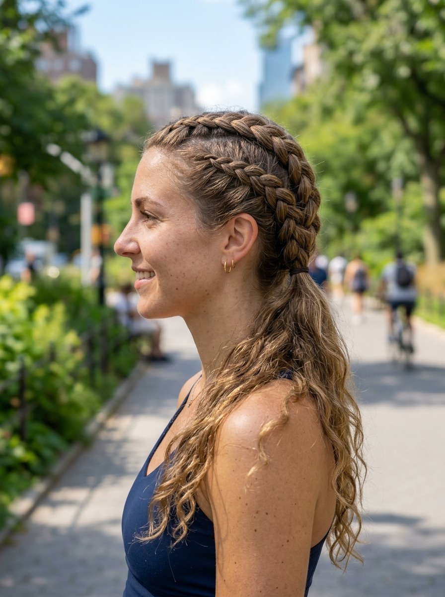 Side profile of a woman with double french braids pulled back into a wavy low ponytail.