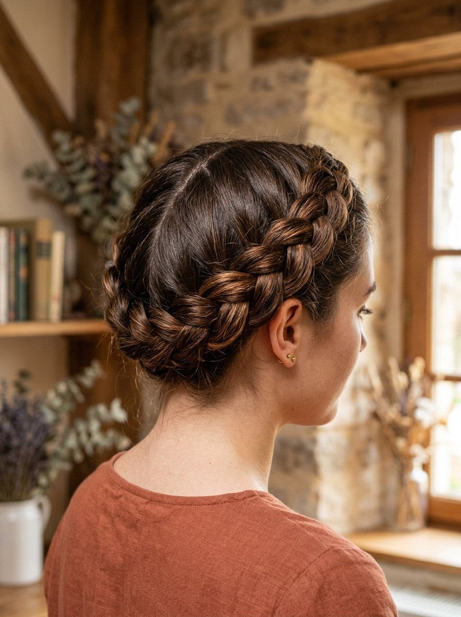 Close up view of a woman with long brown hair styled in a Dutch crown braid facing a window.