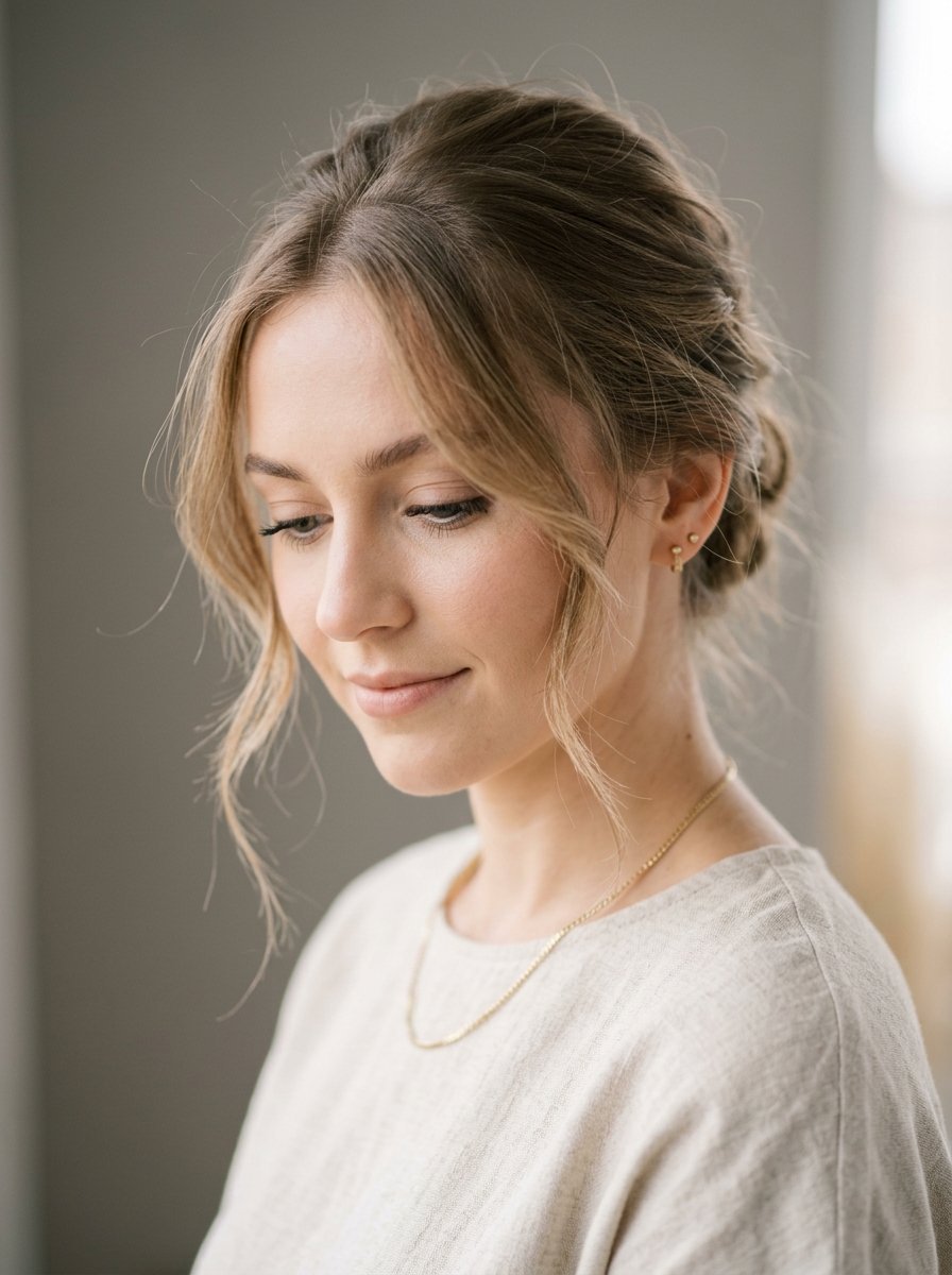 Close-up portrait of a blonde woman looking down with a relaxed expression, wearing a neutral beige linen top.