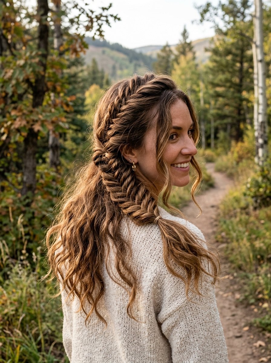 Woman with long wavy hair styled in a side fishtail braid walking along an outdoor path.
