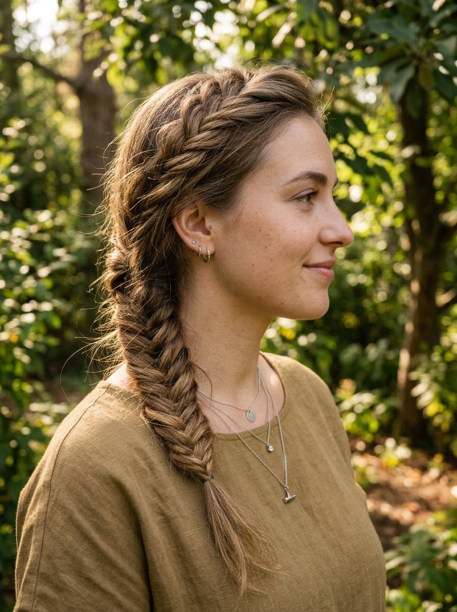 Profile view of a woman with a side fishtail braid, wearing a tan linen shirt and layered silver necklaces.