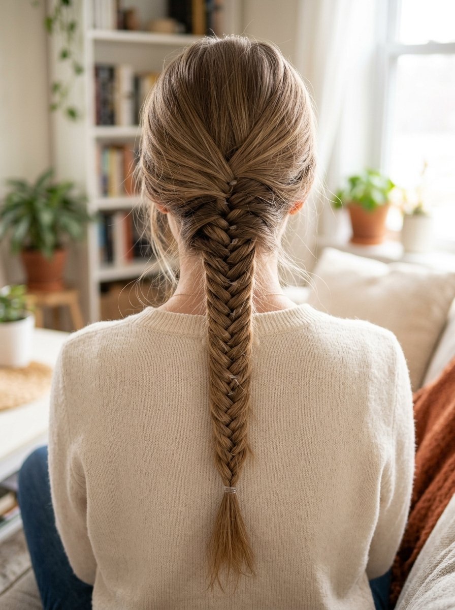 Rear view of a person with long light brown hair styled in a neat, central fishtail braid, wearing a cream sweater.