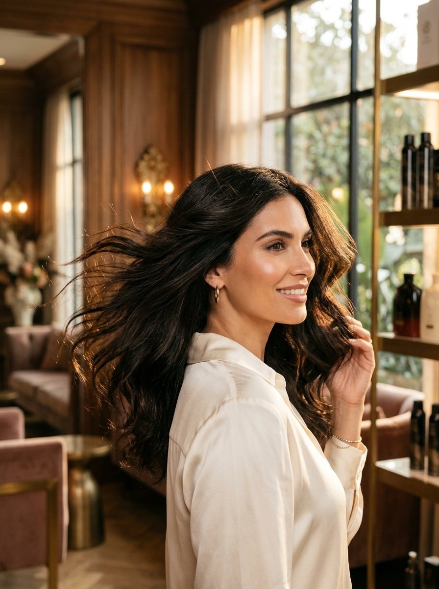 Profile view of a woman with long wavy brown hair touching her locks in a professional hair salon setting.