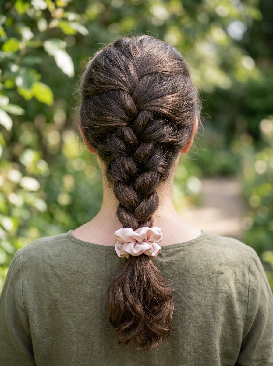 Back view of a woman with long dark brown hair styled in a thick braid secured with a pale pink satin hair tie.