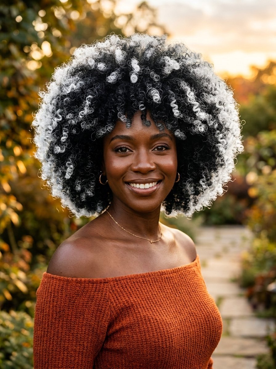 Close-up portrait of a Black woman in an orange sweater with natural curly hair styled with white highlights.
