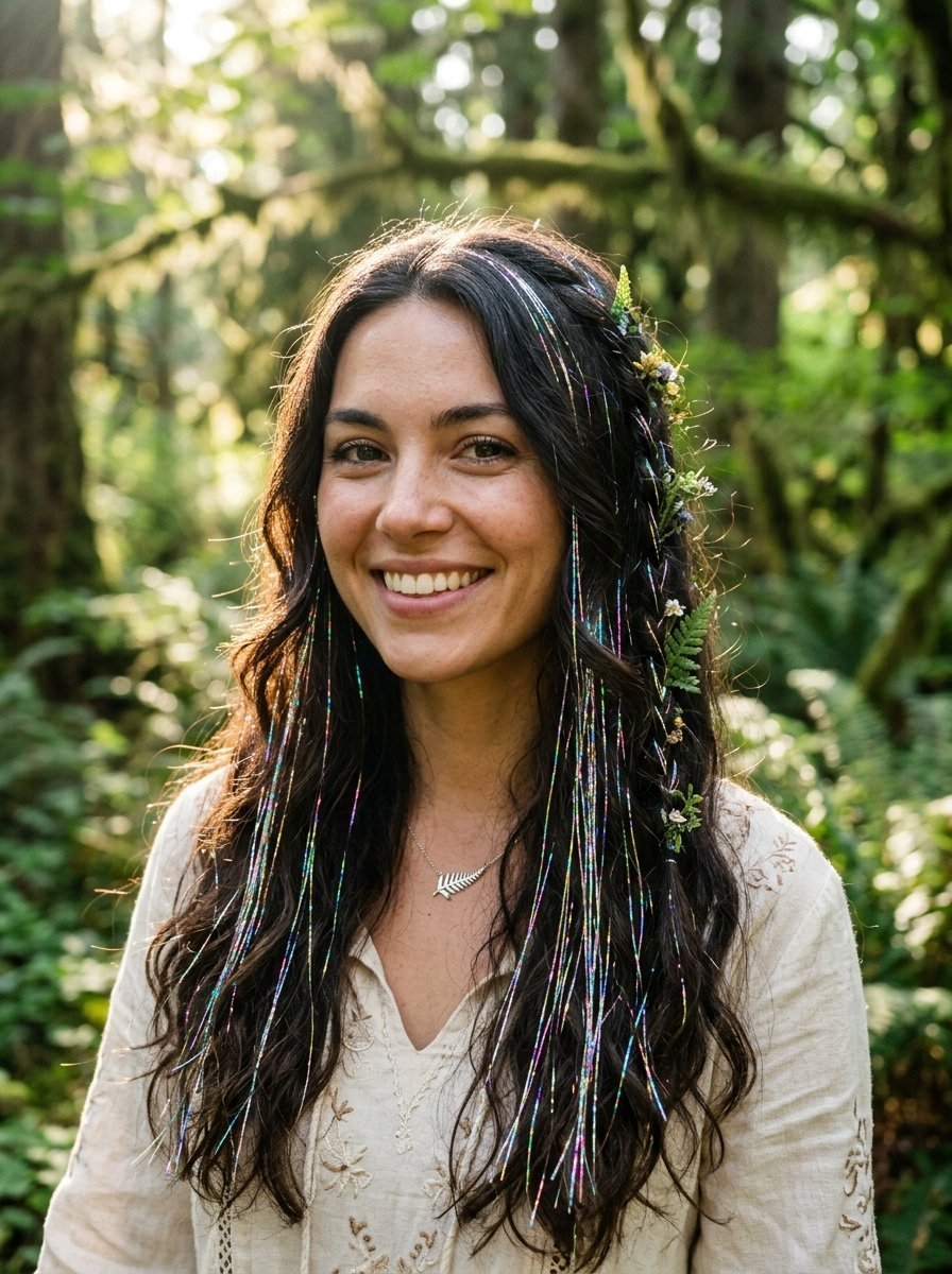 Portrait of a smiling woman with sparkly hair tinsel and floral braids standing in a green woodland.