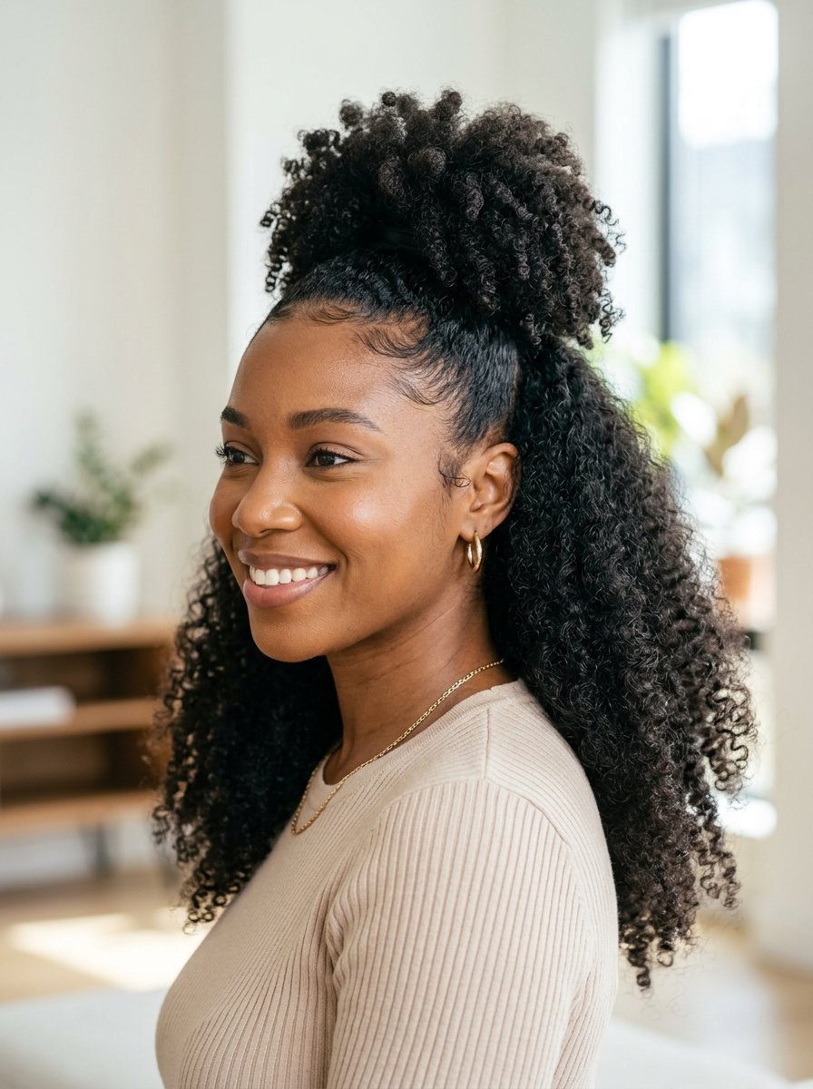 Profile view of a smiling Black woman with voluminous natural curls styled in a high half-up half-down hairstyle.