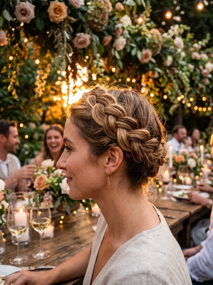Side profile of a woman with a thick blonde crown braid attending a candlelit evening garden banquet.