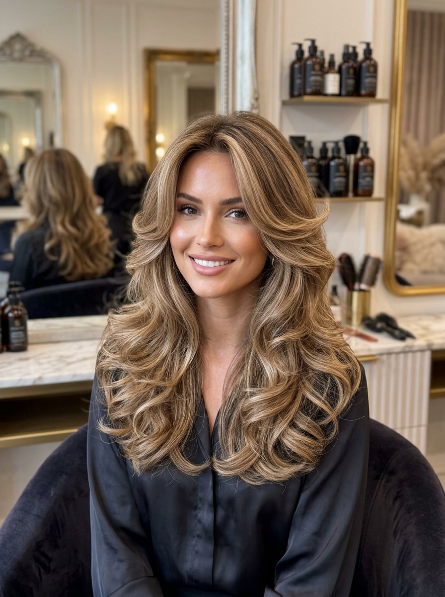 Smiling woman in a salon chair with voluminous, feathered blonde hair and soft waves.