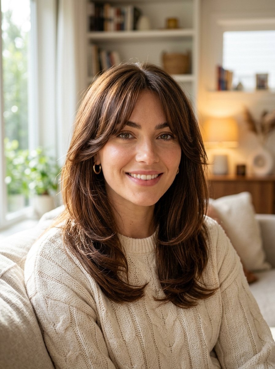 Portrait of a woman wearing a cream cable knit sweater sitting on a couch