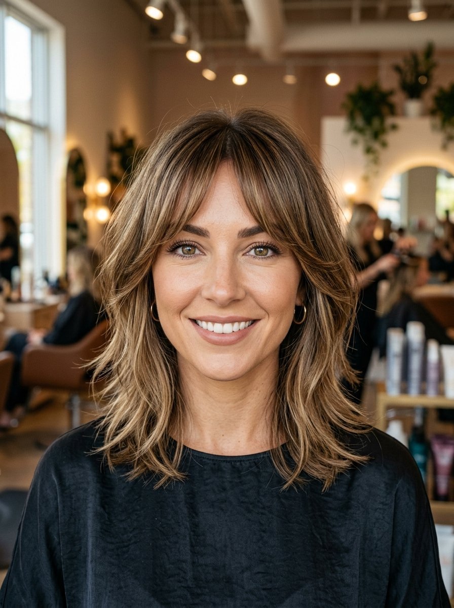 Portrait of a smiling woman with shoulder-length highlighted hair, wispy curtain bangs, and soft layers in a salon.