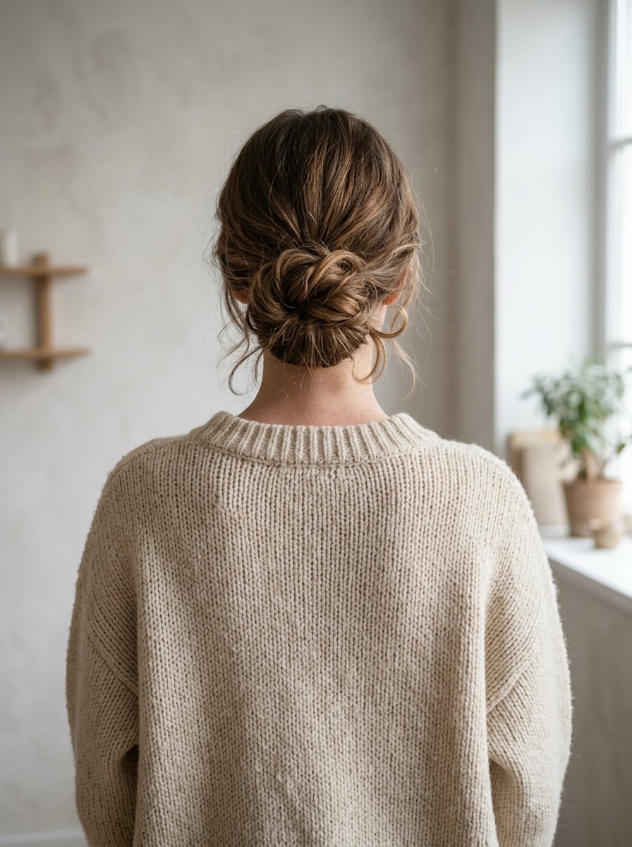A woman facing away from the camera featuring a soft messy bun hairstyle and wearing a chunky oatmeal sweater.
