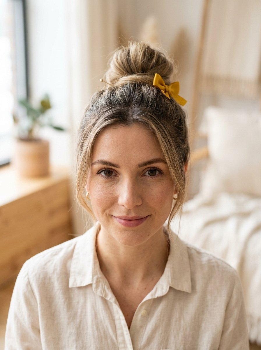 Portrait of a blonde woman wearing a high messy bun with a small yellow ribbon accessory.