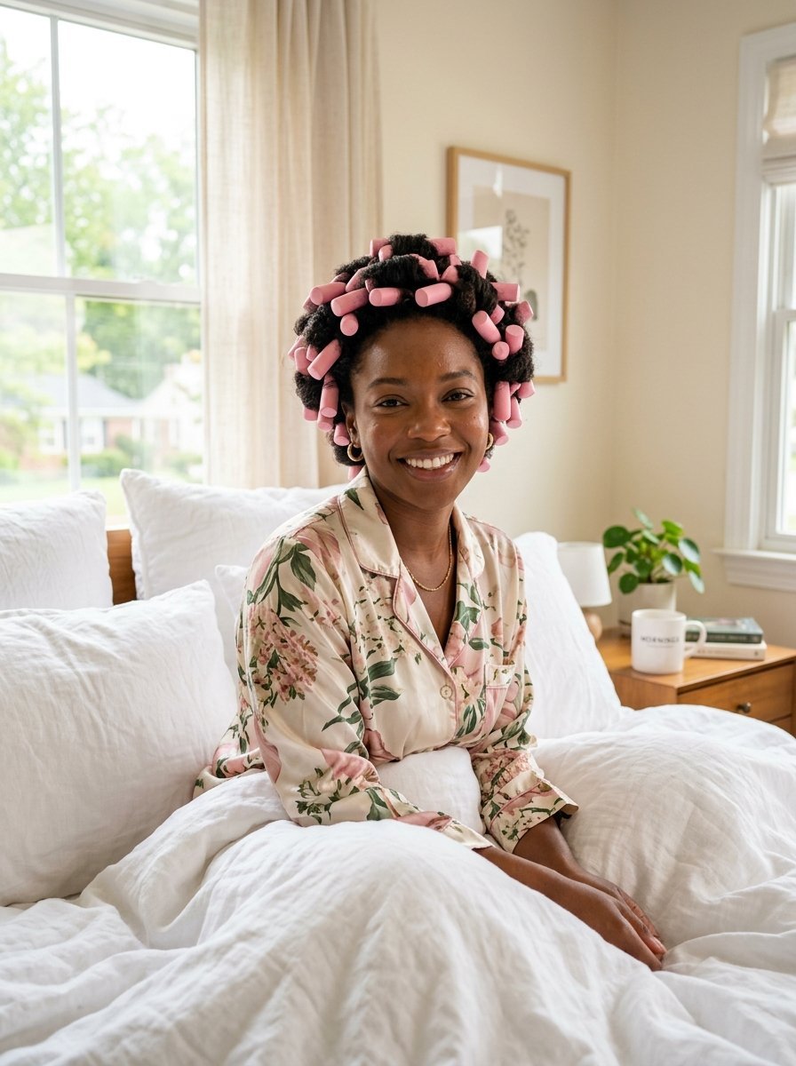 Happy woman with natural hair styled in pink foam curlers sitting in a bright bedroom.