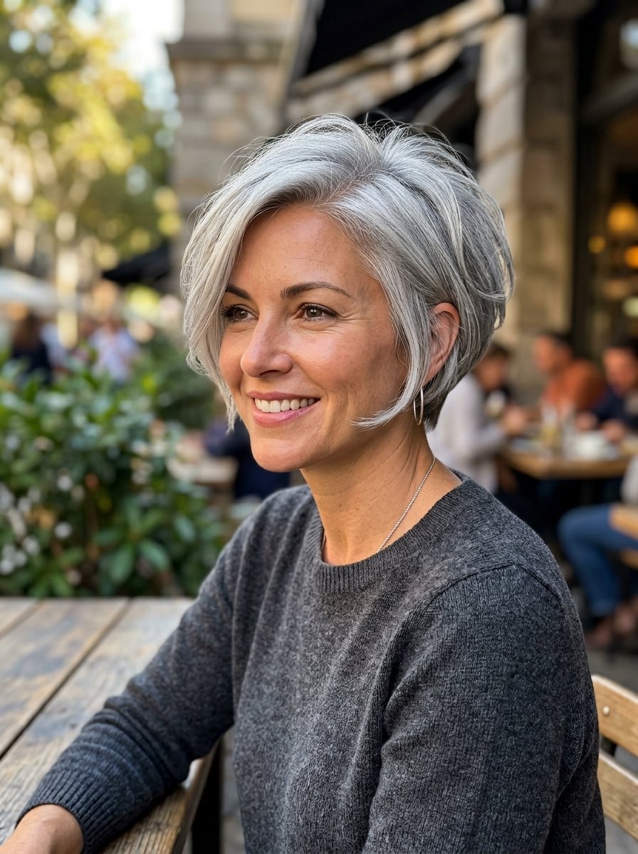 Close-up of a middle-aged woman with short, layered silver hair smiling at a cafe table.