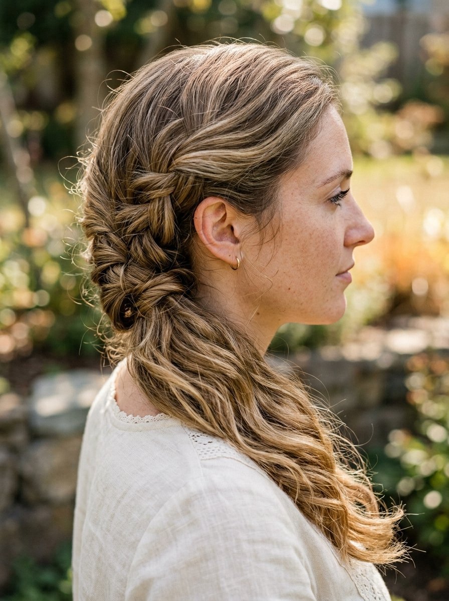 Close-up of a woman with highlighted brown hair styled into an intricate side braid in a sunny garden.