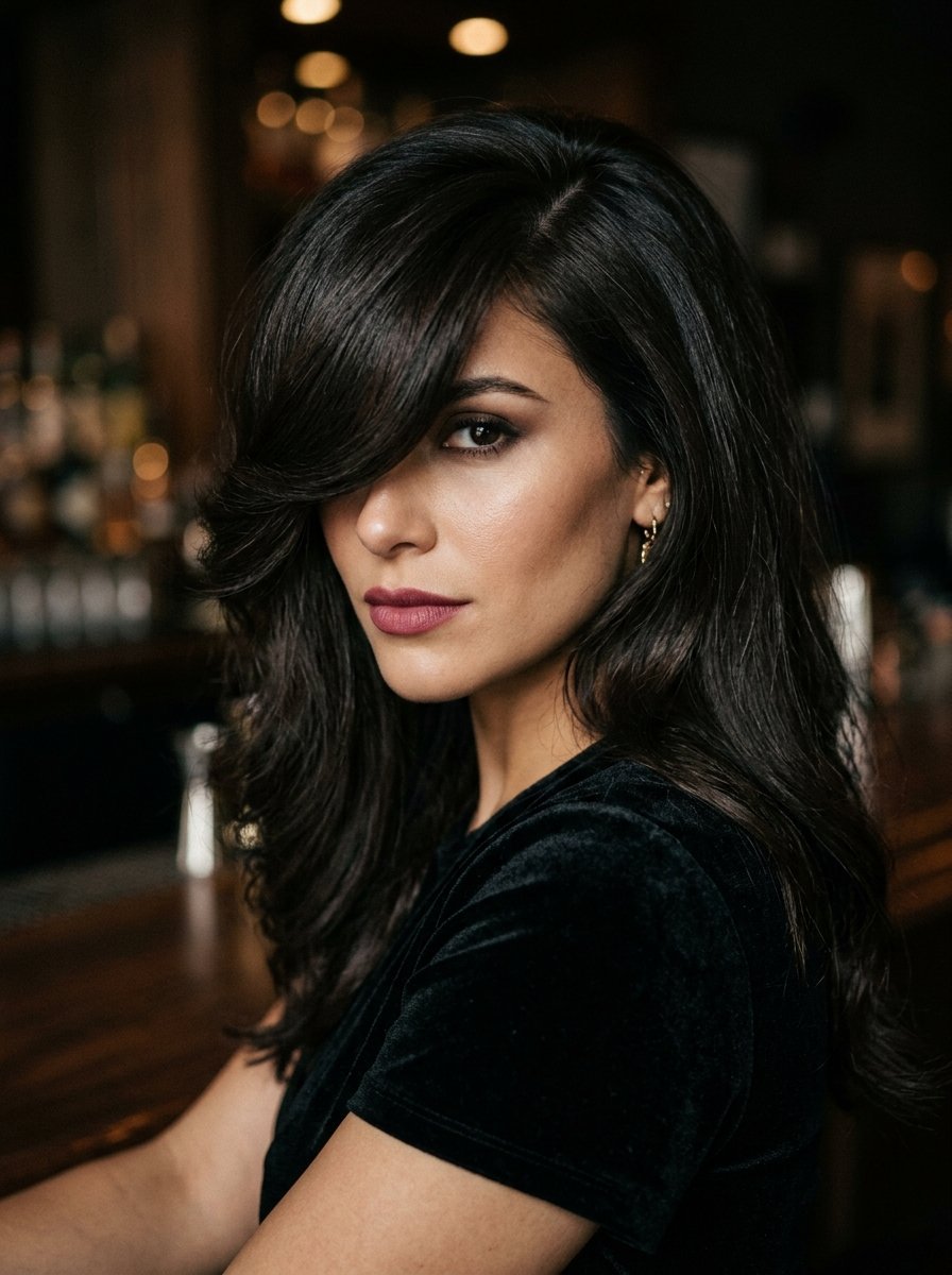 Close-up of a woman in a black velvet top looking directly at the camera with dark hair obscuring one eye.