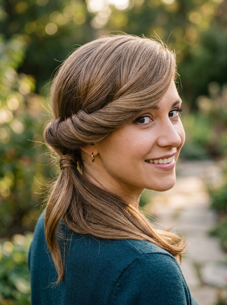 Close-up portrait of a woman looking over her shoulder with a side-parted hairstyle and hair wrapped around her ponytail.
