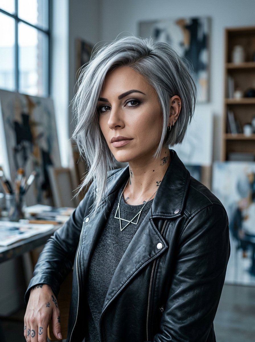 Portrait of a woman wearing a black leather jacket and geometric necklace with short grey hair and visible tattoos.