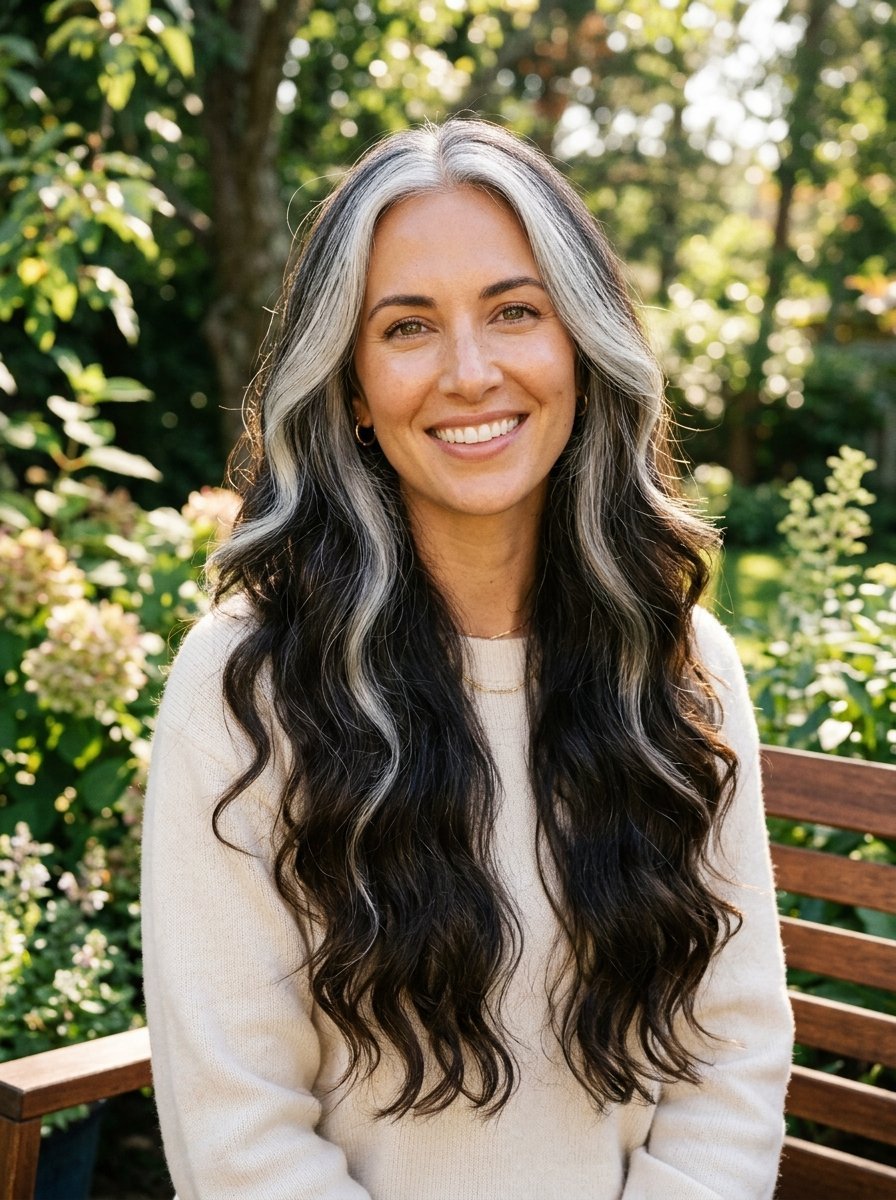Portrait of a smiling woman with long wavy dark hair and distinct grey streaks framing her face.