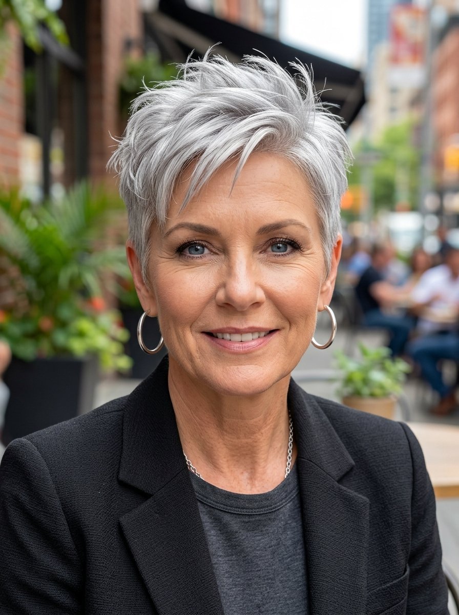Portrait of a smiling woman featuring a textured silver pixie haircut wearing a black blazer outdoors.