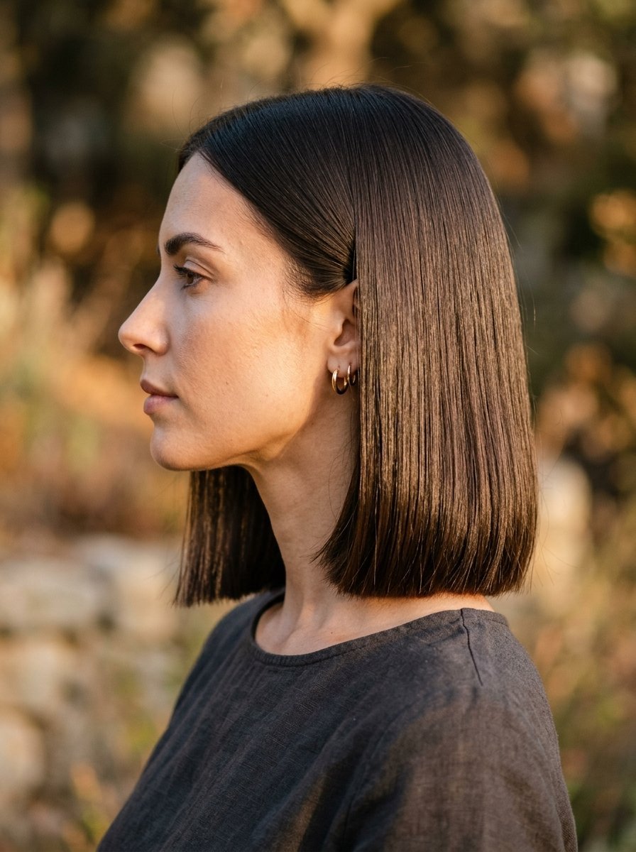 Side view of a brunette woman wearing small gold hoop earrings and a dark grey linen top outdoors.