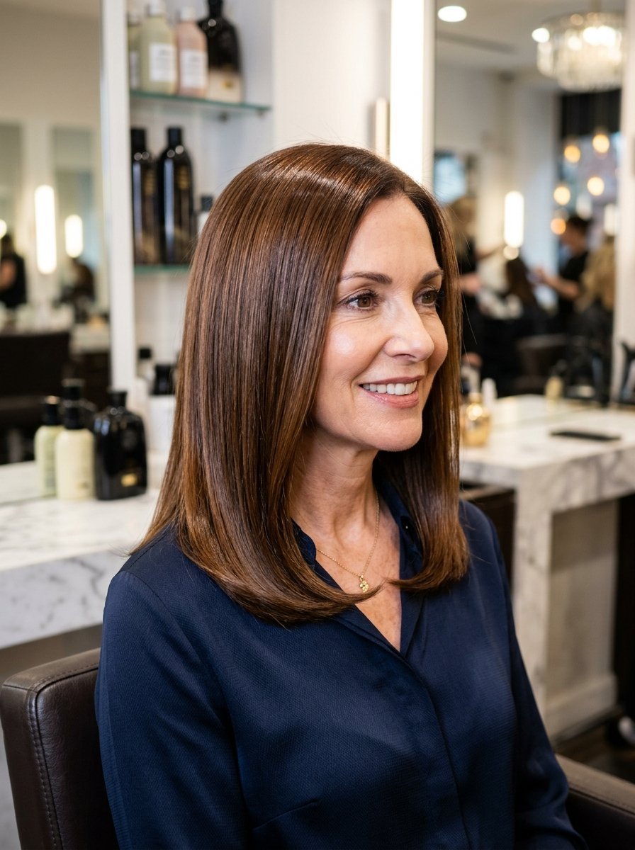 Smiling woman in a navy blouse showing off her glossy shoulder-length chestnut hair in a beauty salon chair.