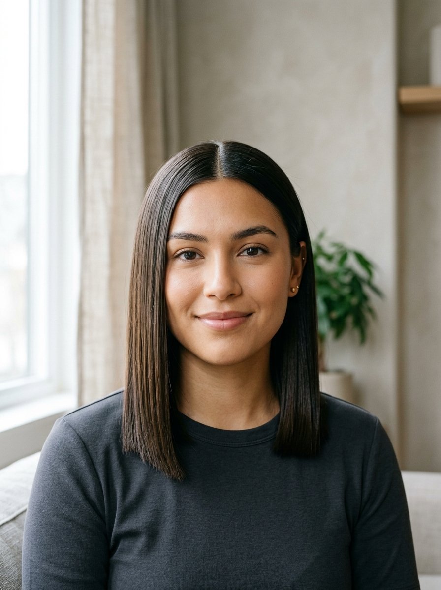 Portrait of a friendly woman with straight shoulder-length hair wearing a dark grey shirt.
