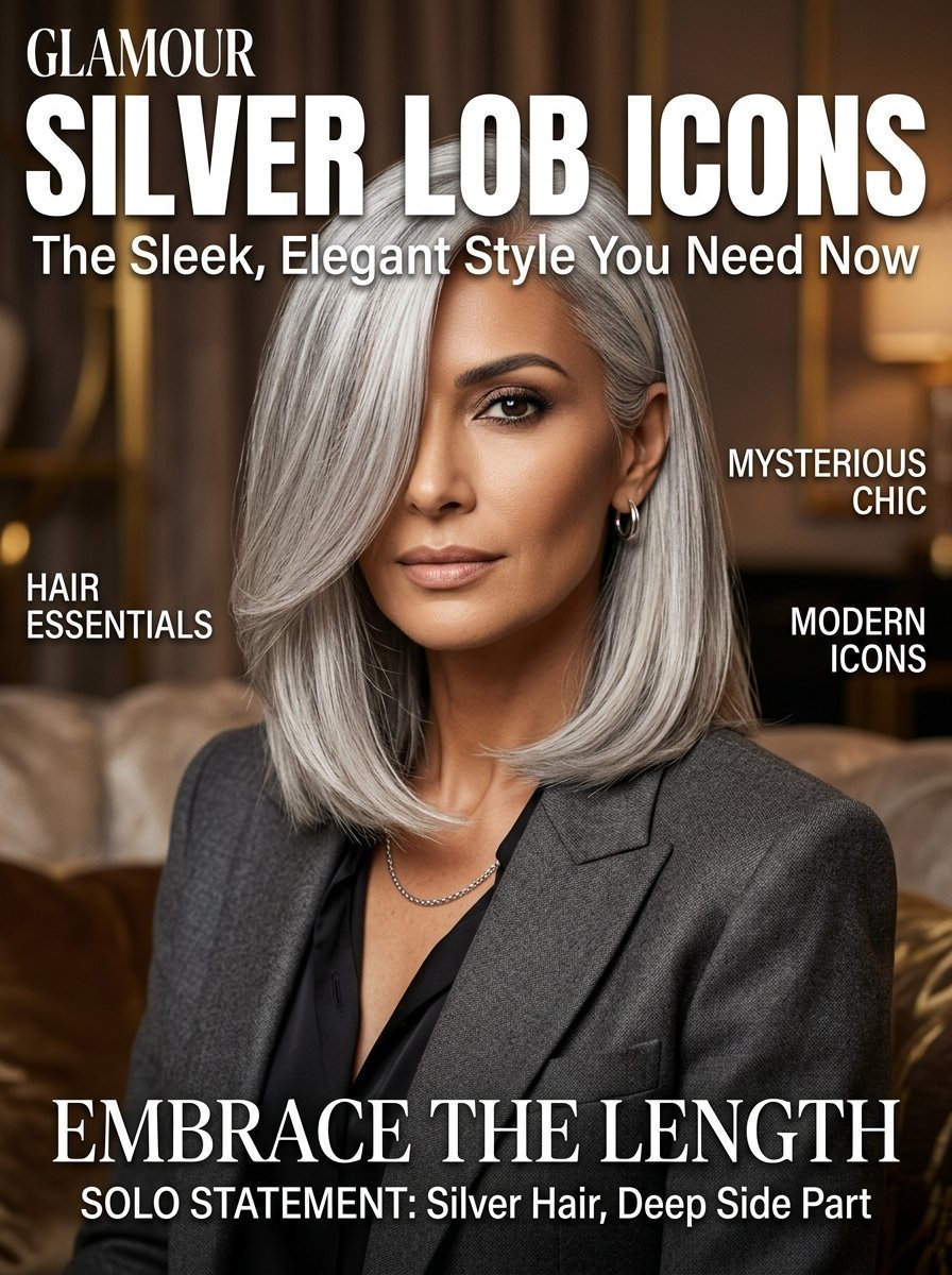 Portrait of a woman wearing a blazer with a deep side-parted grey hair style in a magazine layout.