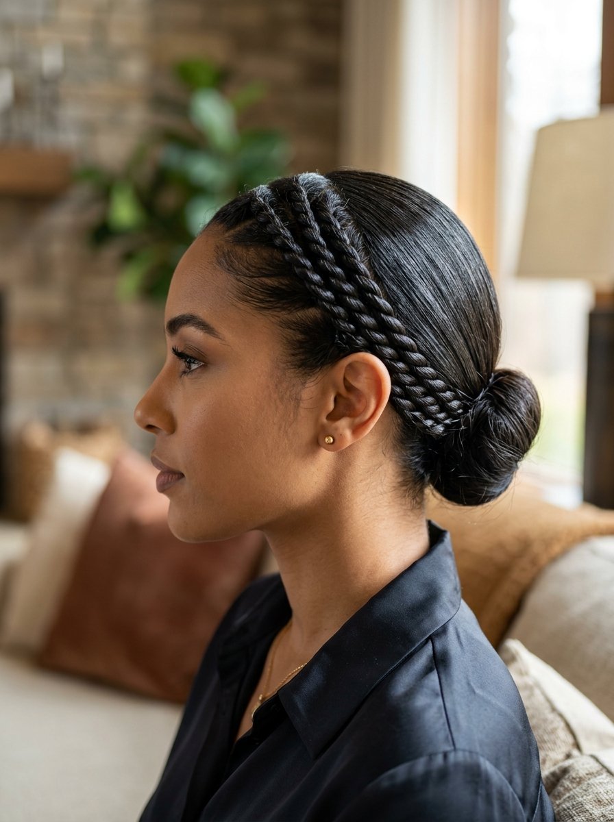 Profile of a woman with dark hair styled into a low bun and double rope twist headbands.
