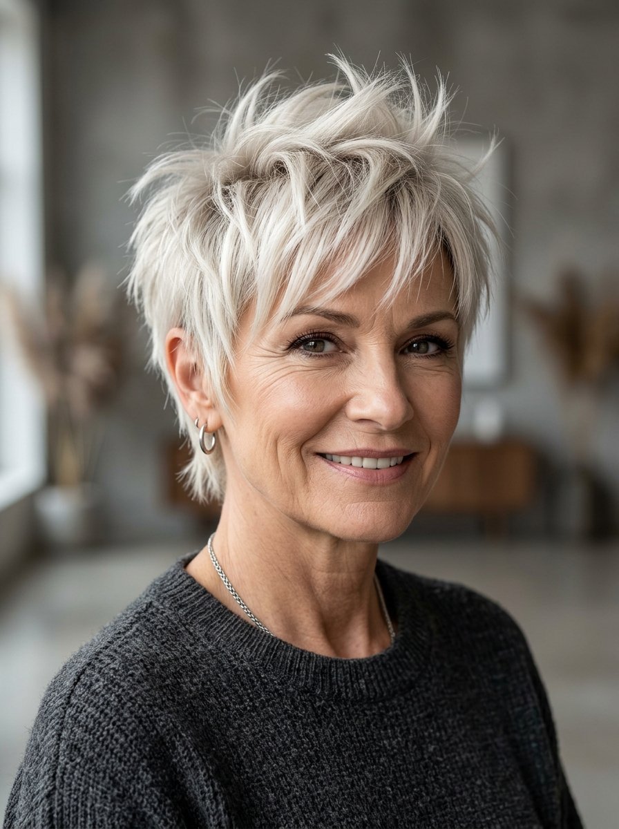 Close-up portrait of a mature woman with textured platinum blonde hair wearing a grey sweater.