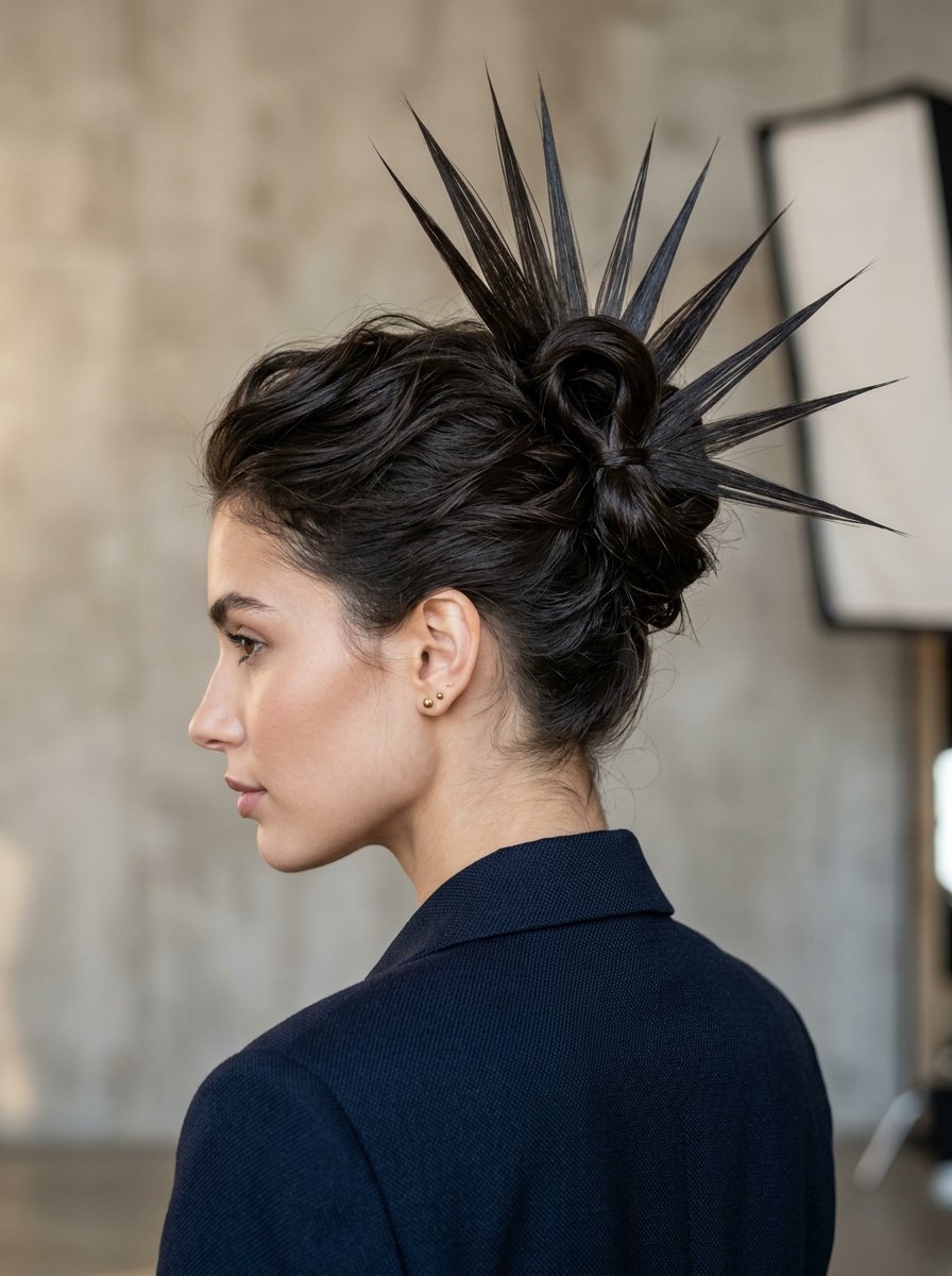 Model with dark hair styled into a sharp, structural sunburst updo wearing a navy blue blazer.