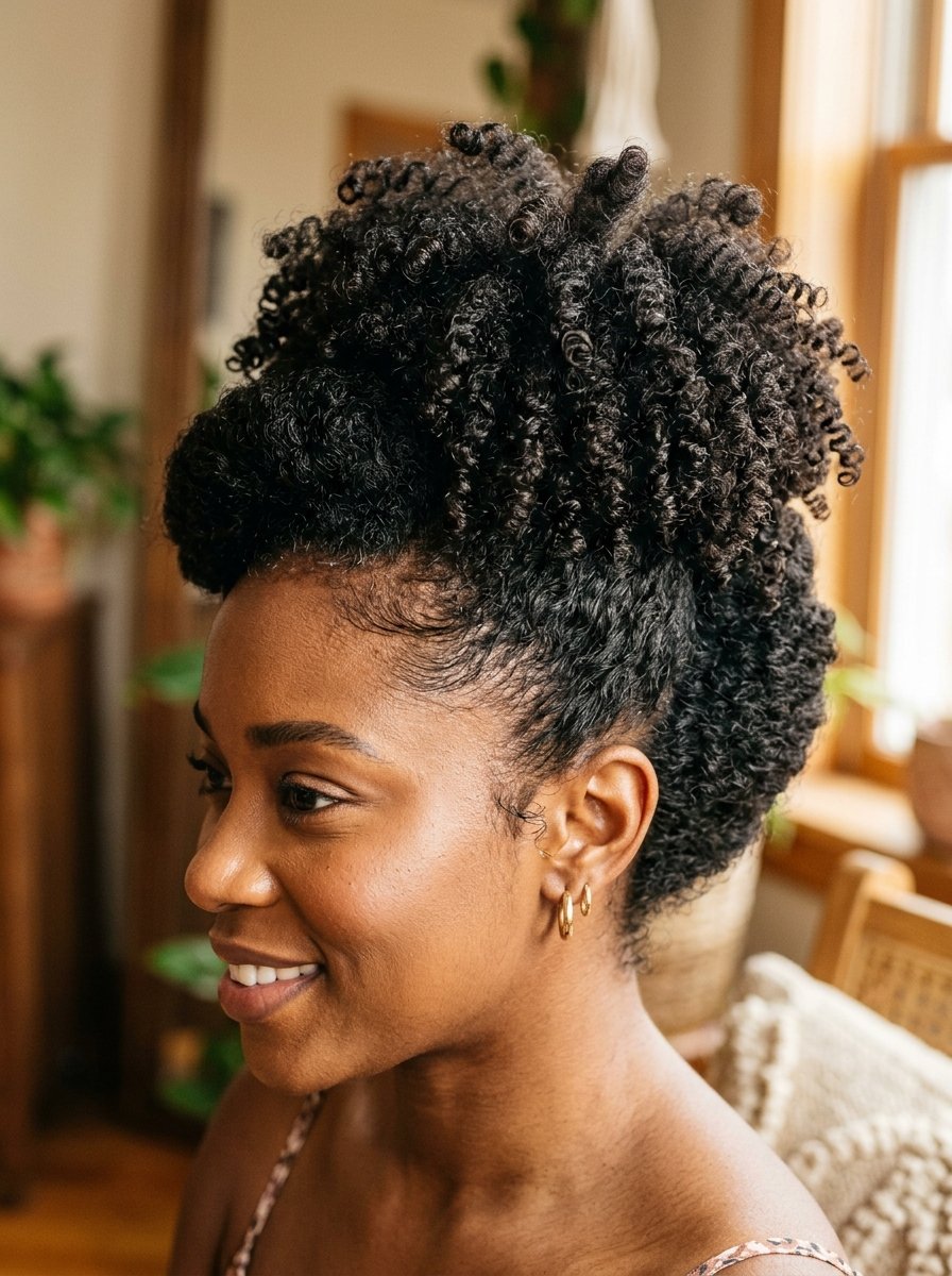 Profile view of a Black woman with dark, textured, coily hair styled in an elegant high bun.