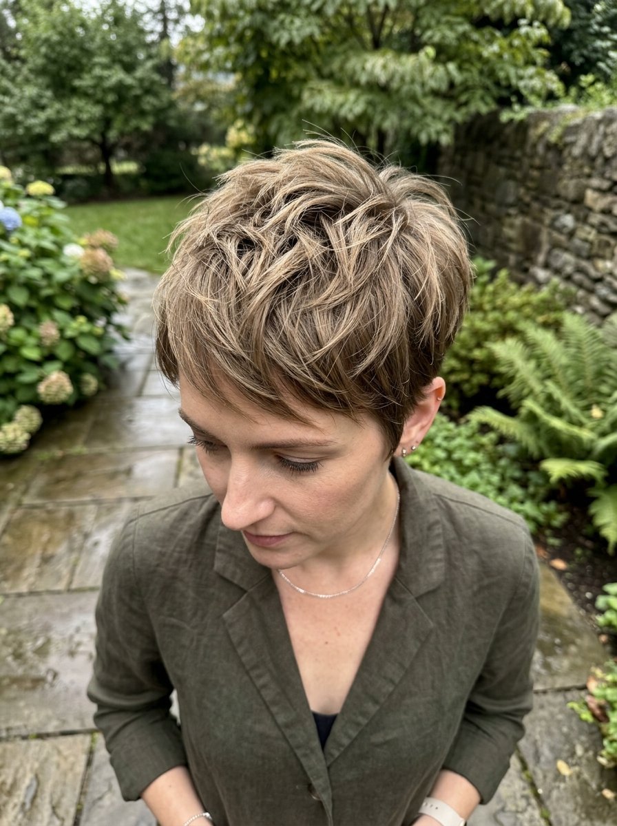 Close-up view of a woman with a trendy, messy-styled pixie cut standing in a garden.