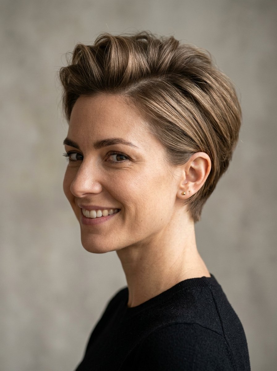 Close-up portrait of a woman with short light brown hair and gold earrings, wearing a simple black top.