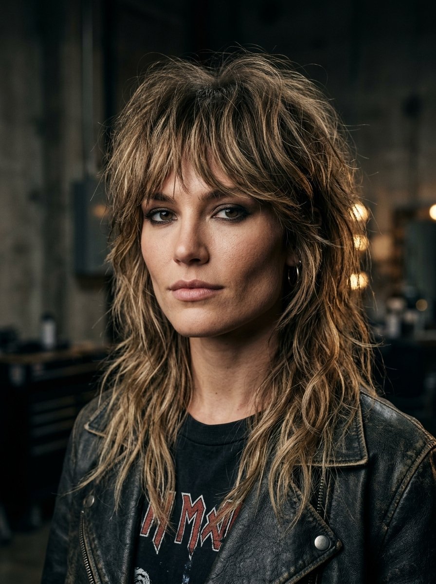 Portrait of a woman with choppy blonde shag hair wearing a black leather jacket in a dimly lit studio.