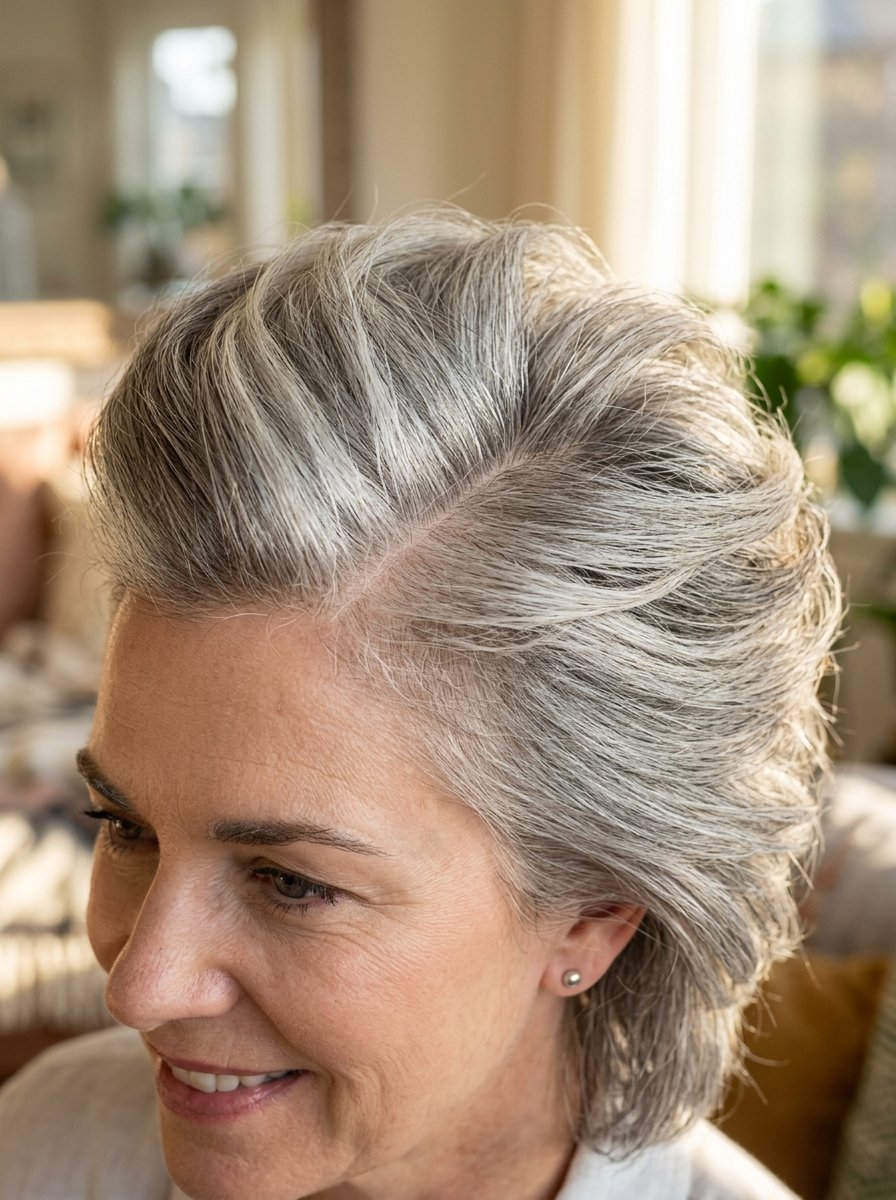 Close-up of a smiling woman showing her styled, layered silver and grey hair with natural texture.