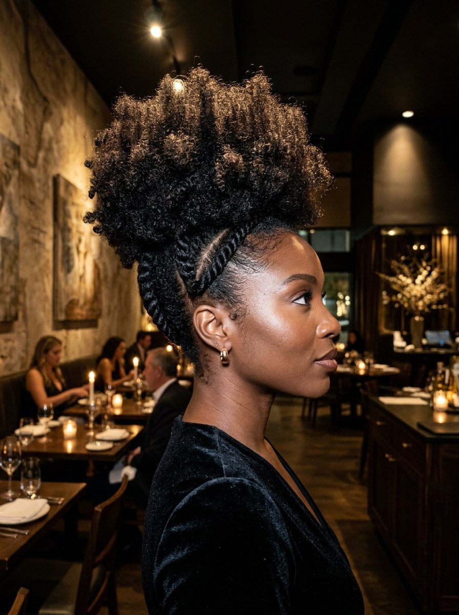 Side profile of a Black woman with natural coiled hair styled in an elegant updo sitting in a dim fine dining setting.