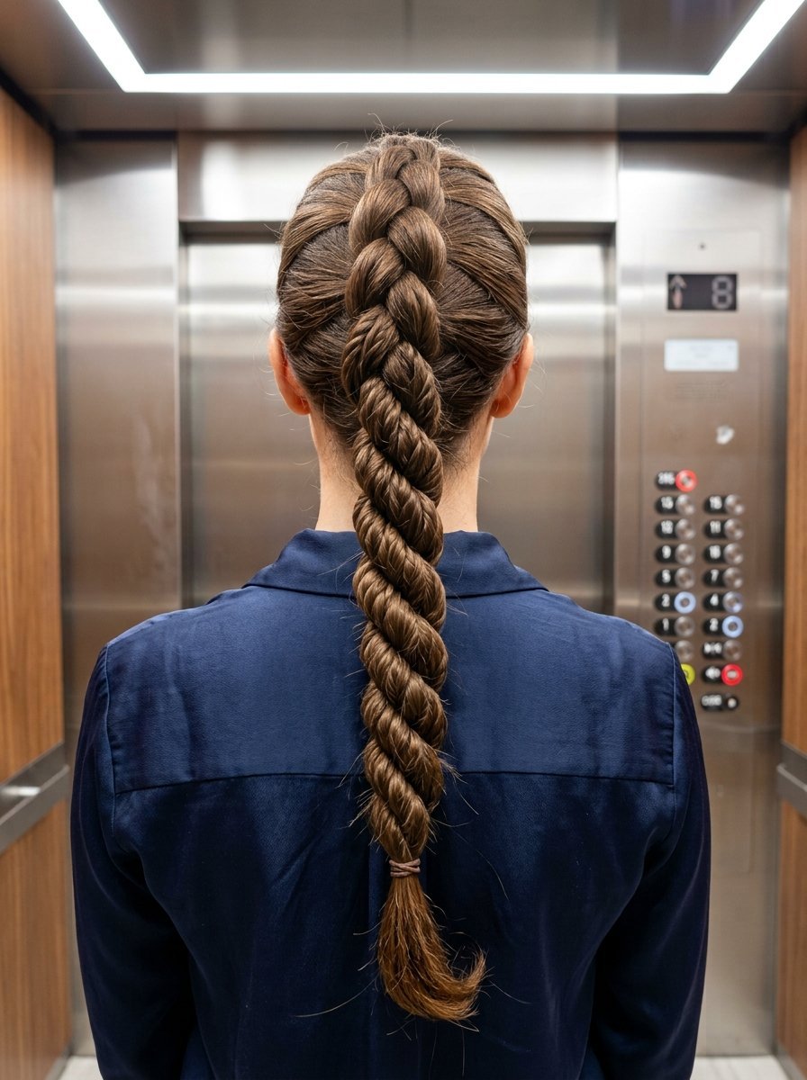 Close up rear view of a person with brown hair in a long, thick braid standing in an elevator.