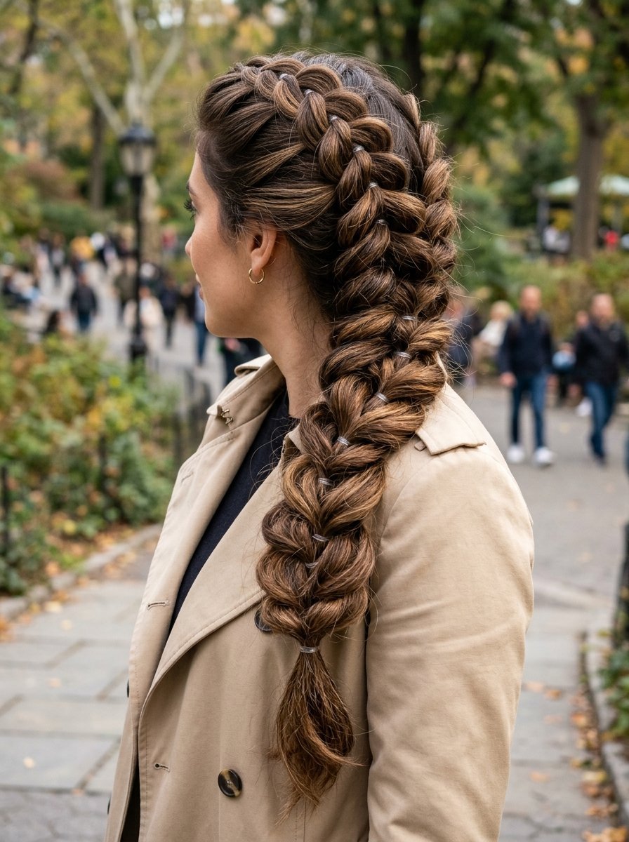 Close-up of a woman in a trench coat wearing a long, thick Dutch braid in a park setting.
