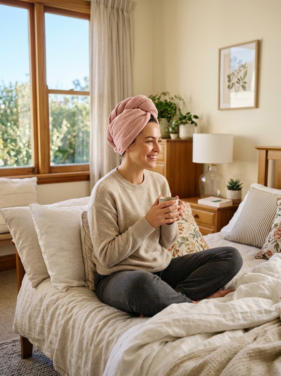 Young woman in a cozy sweater wearing a pink microfiber towel wrap on her head while holding a coffee mug.
