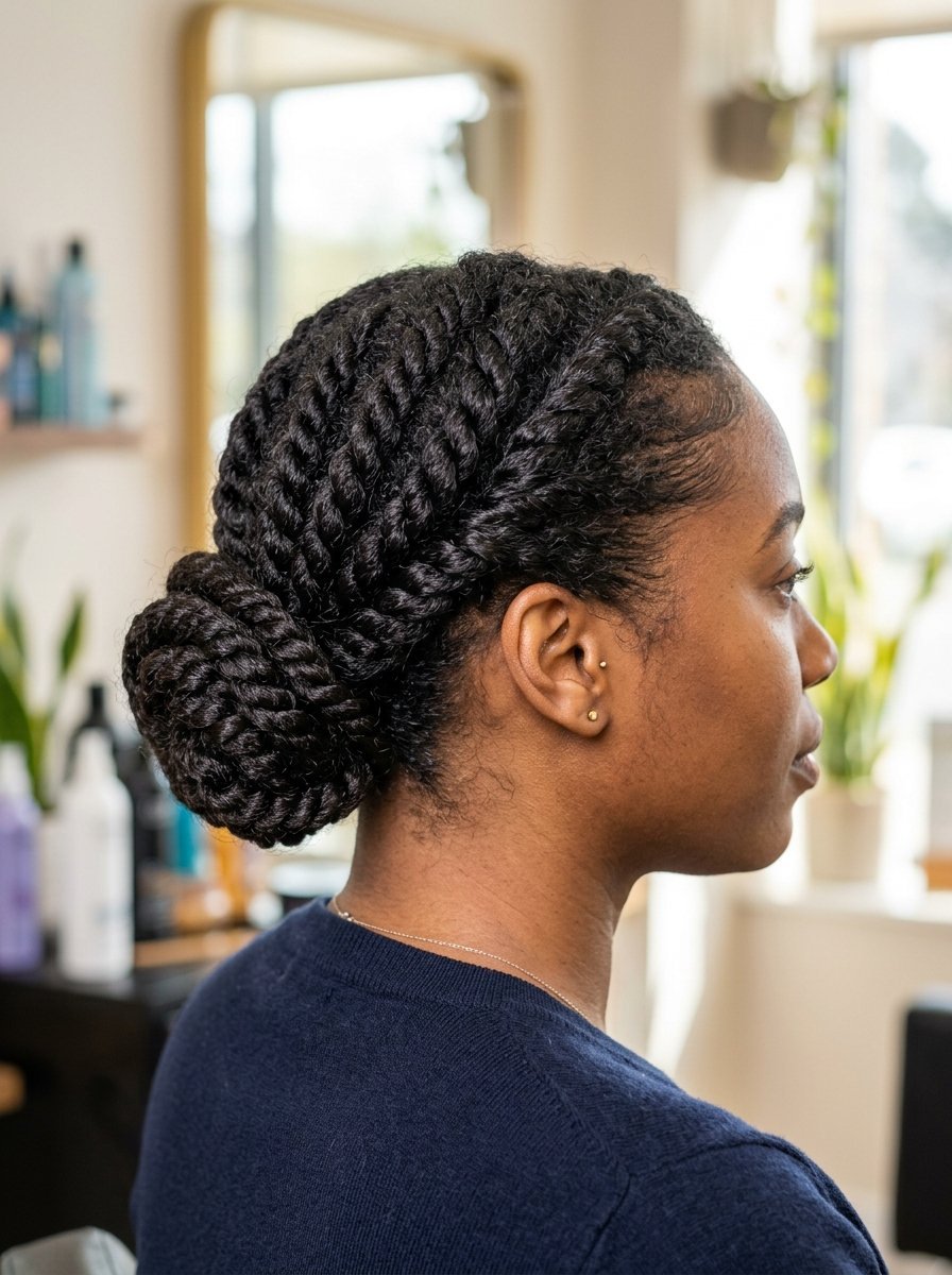 Close-up side profile of a woman wearing her dark hair in a styled, intricate rope-twist bun at the nape of her neck.