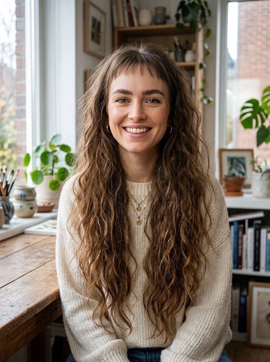A smiling young woman with long brunette wavy hair and bangs wearing a cream sweater in a bright sunlit room.
