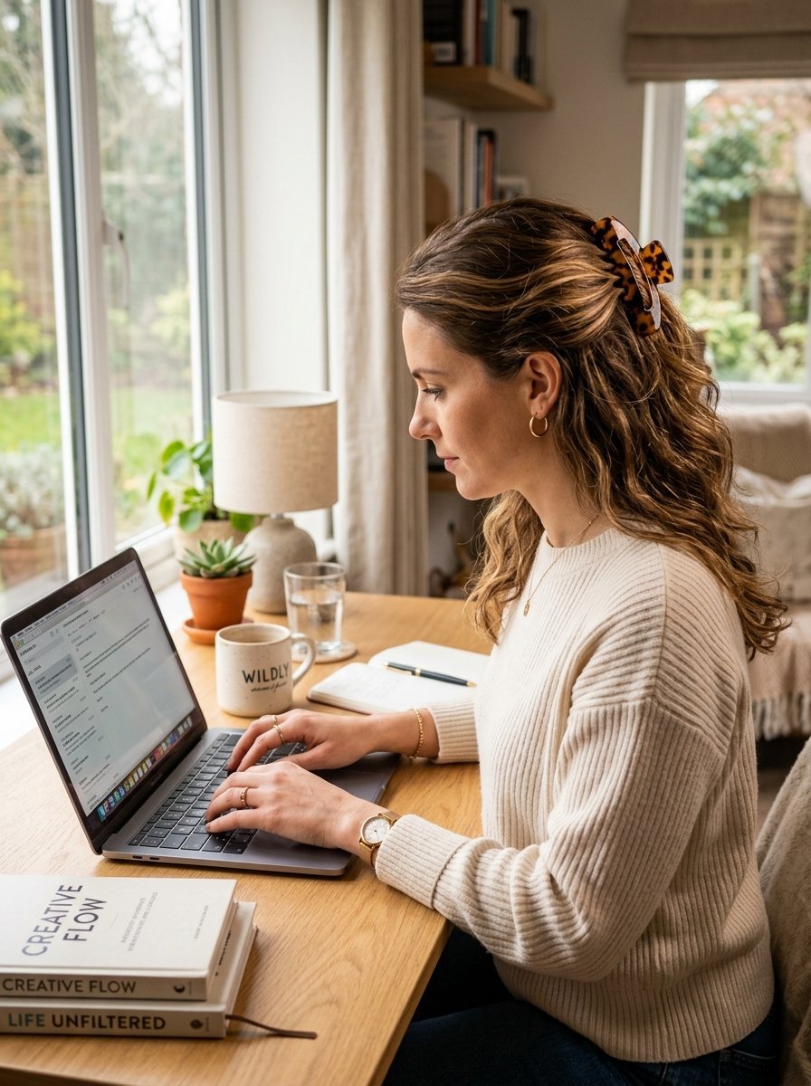 Woman wearing a beige sweater works on a laptop next to a window with books and a coffee mug on the desk.