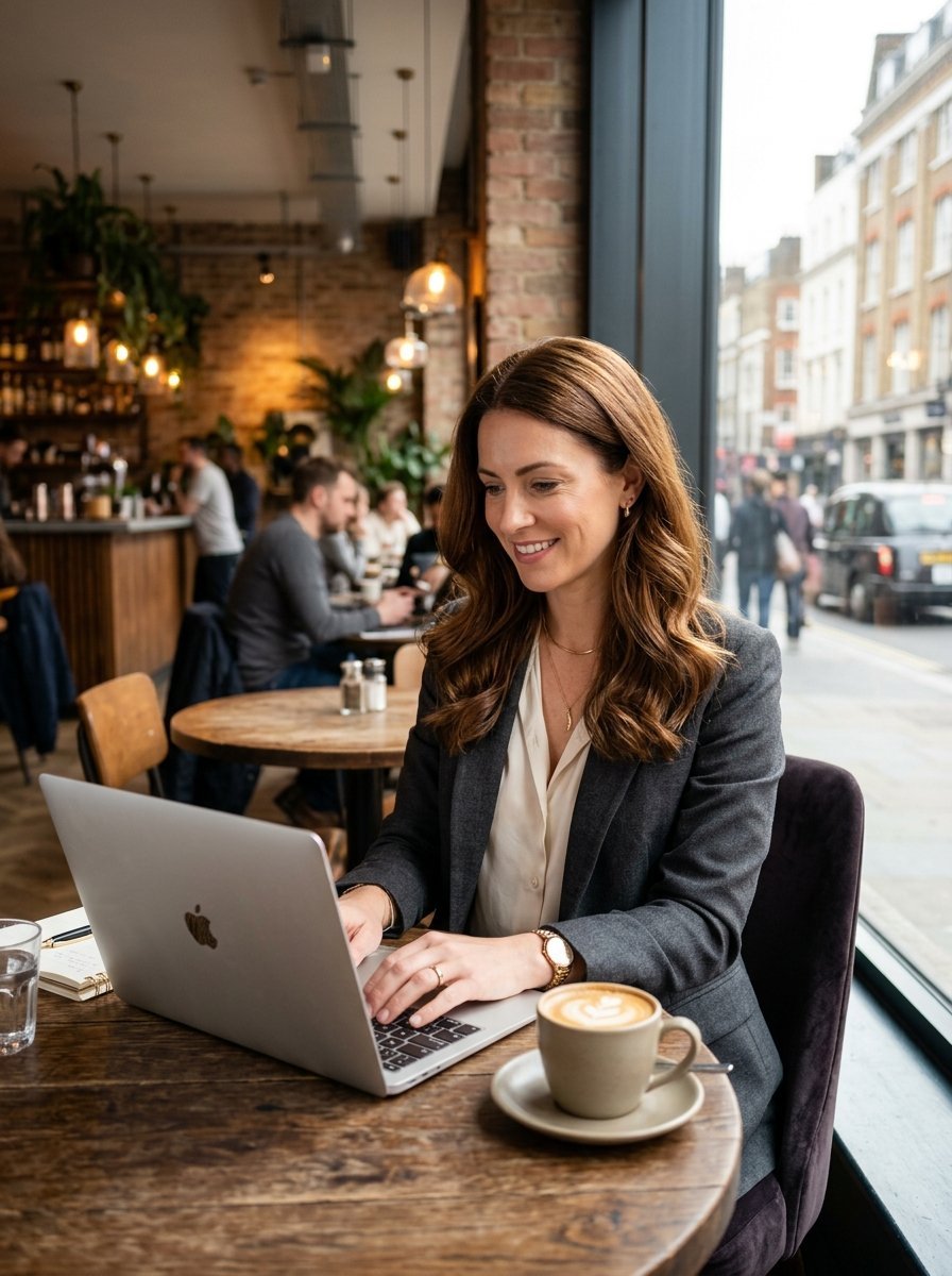 A professional woman in a blazer works on a silver laptop at a wooden table in a coffee shop.