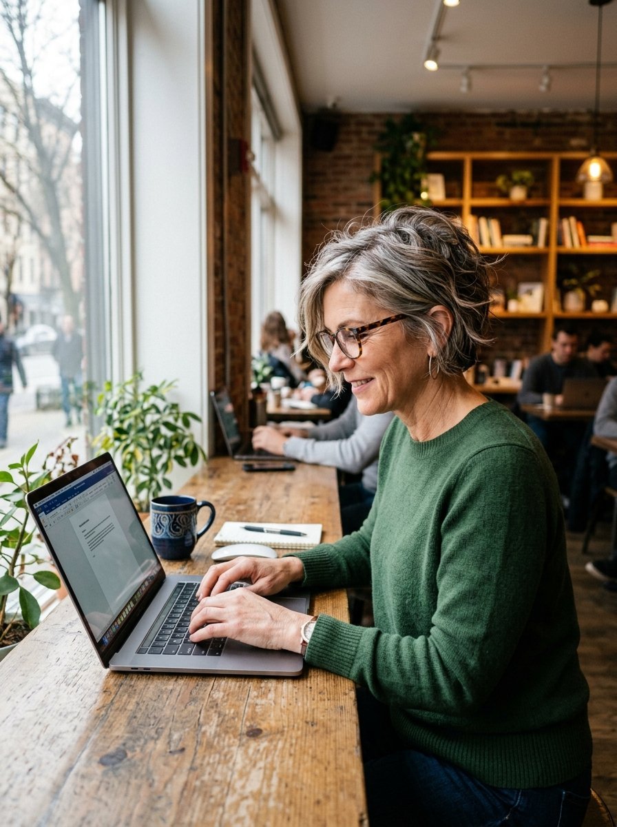 Middle-aged woman in green sweater works on a laptop at a sunny window counter in a busy coffee shop.