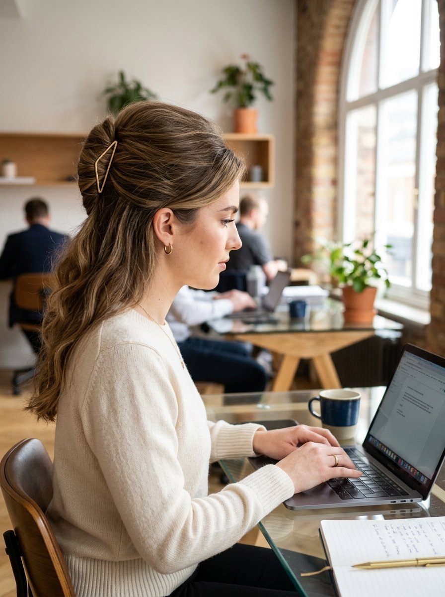 Side profile of a woman with a gold hair clip typing on her laptop at a wooden desk with a notebook.