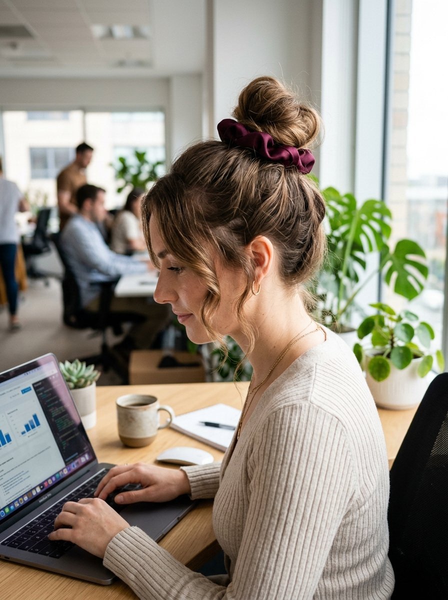 Side profile of a woman with a burgundy scrunchie working on a laptop at a bright office desk with plants.